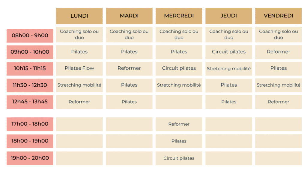 Planning des cours de Pilates